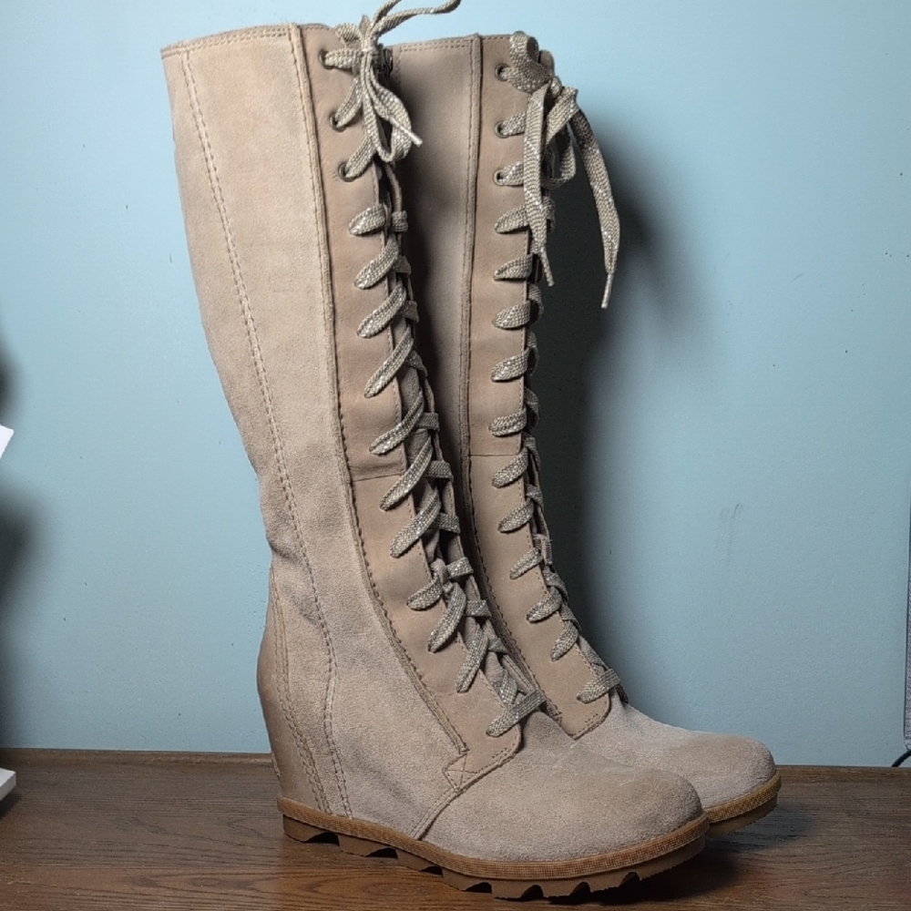 SOREL Joan of Arctic Wedge II Boots Tall Knee High Women's Beige LaceUp Sz 10 41